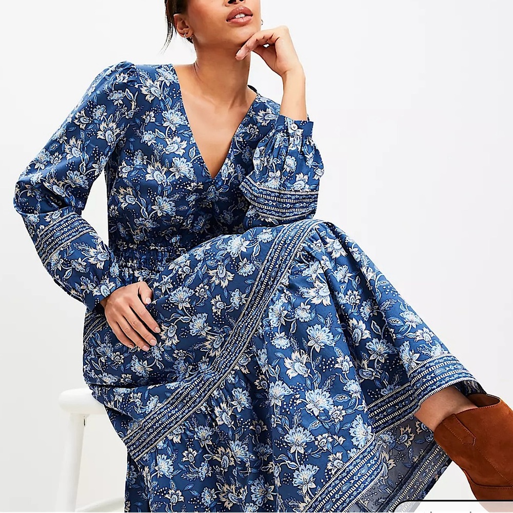 LOFT Blue Floral Long Sleeve Maxi Dress